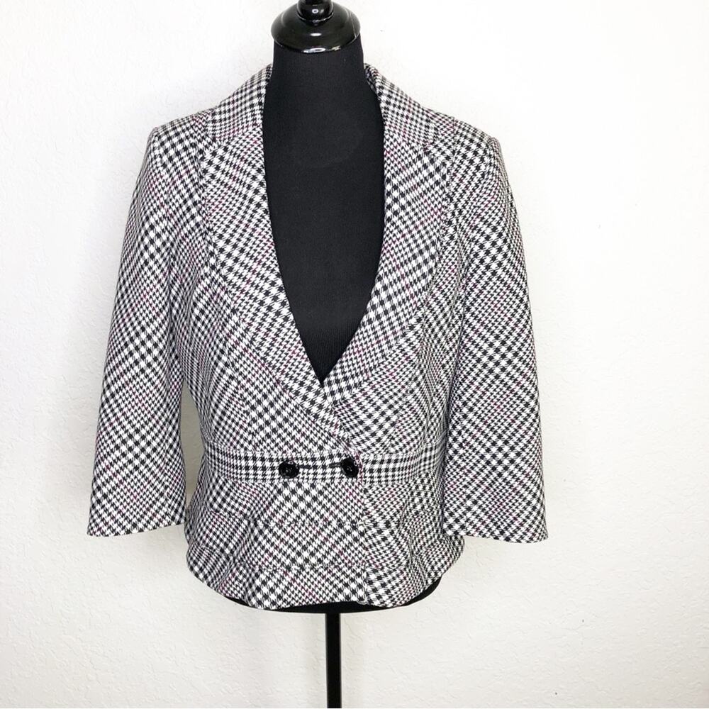 WHBM white black red houndstooth button front blazer size 12 classic office
